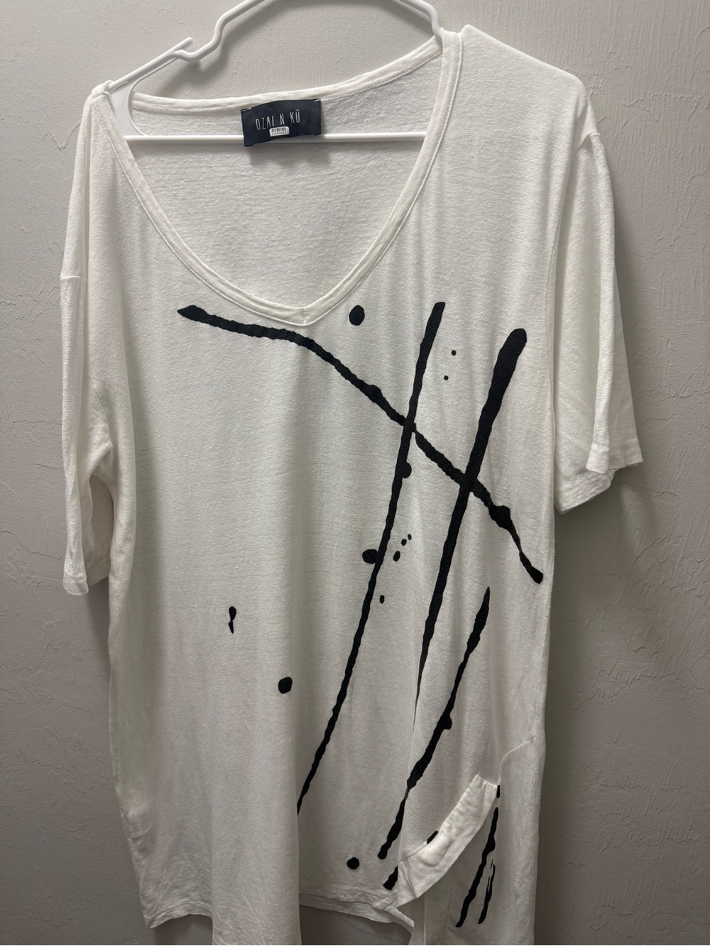 Ozai N Ku Linen Cotton Tunic 3XL White Black Abstract Lagenlook Asymmetric